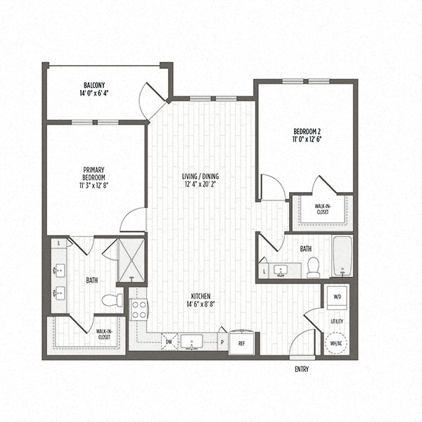 Floor plan for 2 beds, 2 baths, 1090 sqft